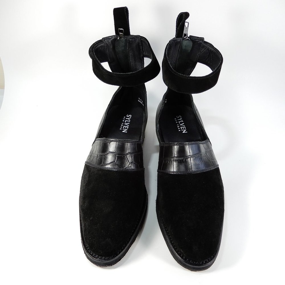 SYLVEN New York Lennox Croc Embossed Ankle Strap SHOES Size 7.5 Black Leather NE - Picture 5 of 10